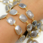 Load image into Gallery viewer, Coated Grey Moonstone Rectangular Shape Bezel Gold Plated Silver Wire Chain