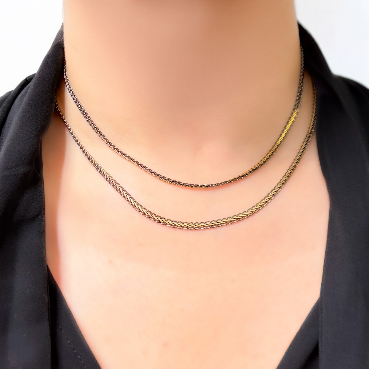 Black Rhodium Sterling Silver and Gold Plated Flat Wheat Necklace