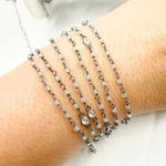 Load image into Gallery viewer, Labradorite & Round CZ Wire Wrap Chain made with Black Rhodium 925 Sterling Silver.