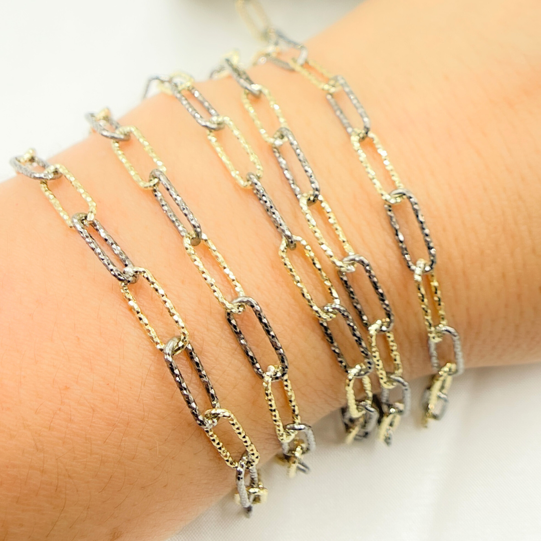 Gold Plated and Black Rhodium Sterling Silver Diamond Cut Paperclip Chain