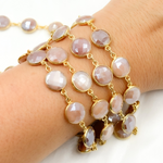 Load image into Gallery viewer, Coated Peach Moonstone Round Shape Bezel Gold Plated Wire Chain.