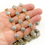 Load image into Gallery viewer, Coated Milky Aquamarine Round Shape Bezel Gold Plated Wire Chain.