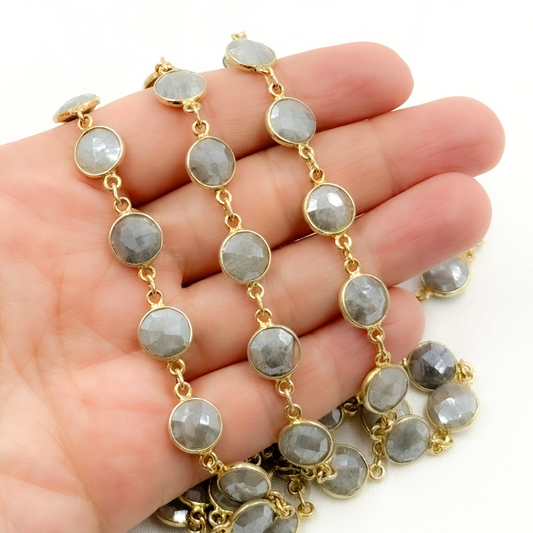 Coated Milky Aquamarine Round Shape Bezel Gold Plated Wire Chain.