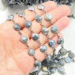 Load image into Gallery viewer, Coated Labradorite Round Shape Bezel Oxidized Wire Chain.
