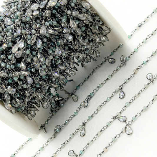 Coated Green Quartz & CZ Dangle Oxidized Wire Chain.