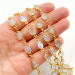 Load image into Gallery viewer, White Moonstone Organic Shape Bezel Gold Plated Wire Chain.