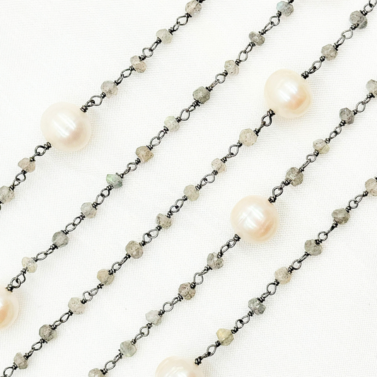 Labradorite & Pearl Oxidized 925 Sterling Silver Wire Chain.