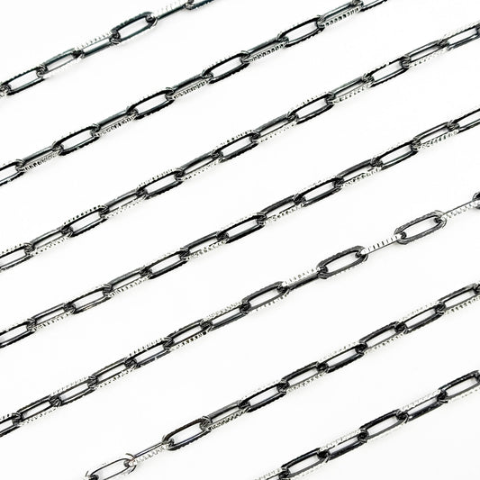 Z113SB. Two Tone Sterling Silver and Black Rhodium Paperclip Textured Chain