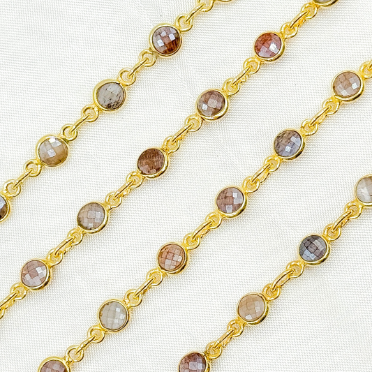 Coated Moonstone Round Shape Bezel Gold Plated Wire Chain.