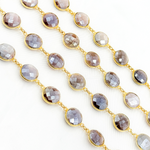 Load image into Gallery viewer, Coated Chocolate Moonstone Round Shape Bezel Gold Plated Wire Chain.