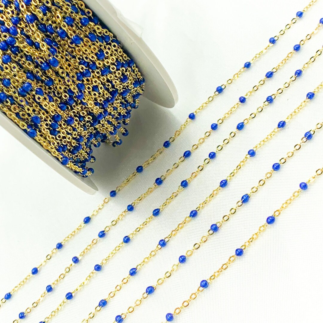 Gold Plated Sterling Silver Enamel Blue Color Cable Chain