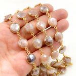 Load image into Gallery viewer, Coated Peach Moonstone Round Shape Bezel Gold Plated Wire Chain.