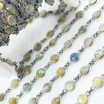Load image into Gallery viewer, Labradorite Round Shape Bezel Oxidized 925 Sterling Silver Wire Chain.