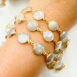 Load image into Gallery viewer, Coated White Moonstone Round Shape Bezel Gold Plated Silver Wire Chain.