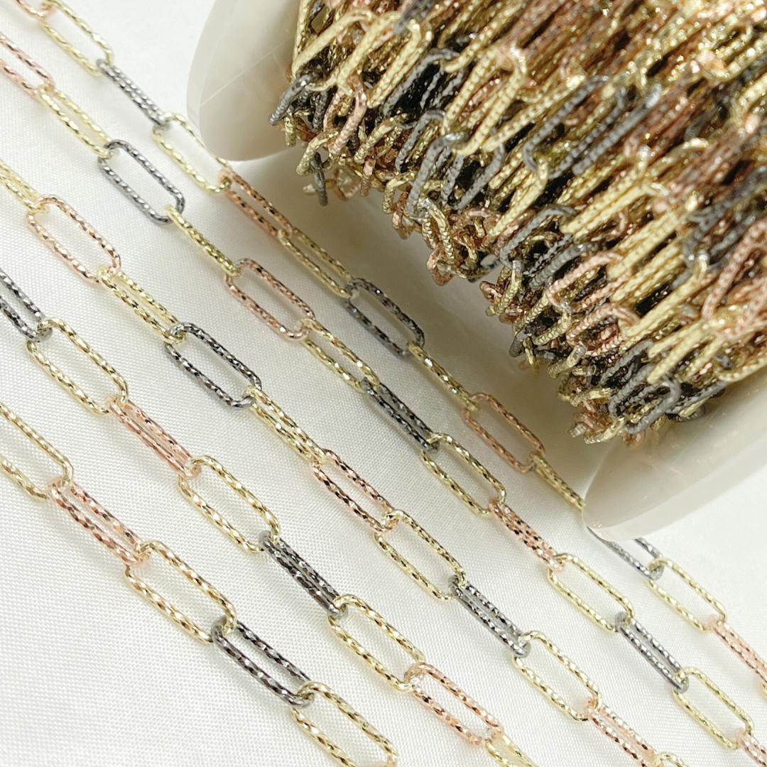 925 Sterling Silver Tri-color Diamond Cut Paperclip Chain