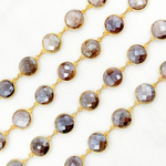 Load image into Gallery viewer, Coated Chocolate Moonstone Round Shape Bezel Gold Plated Wire Chain.