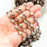 Load image into Gallery viewer, Coated Peach Moonstone Round Shape Bezel Oxidized Wire Chain.