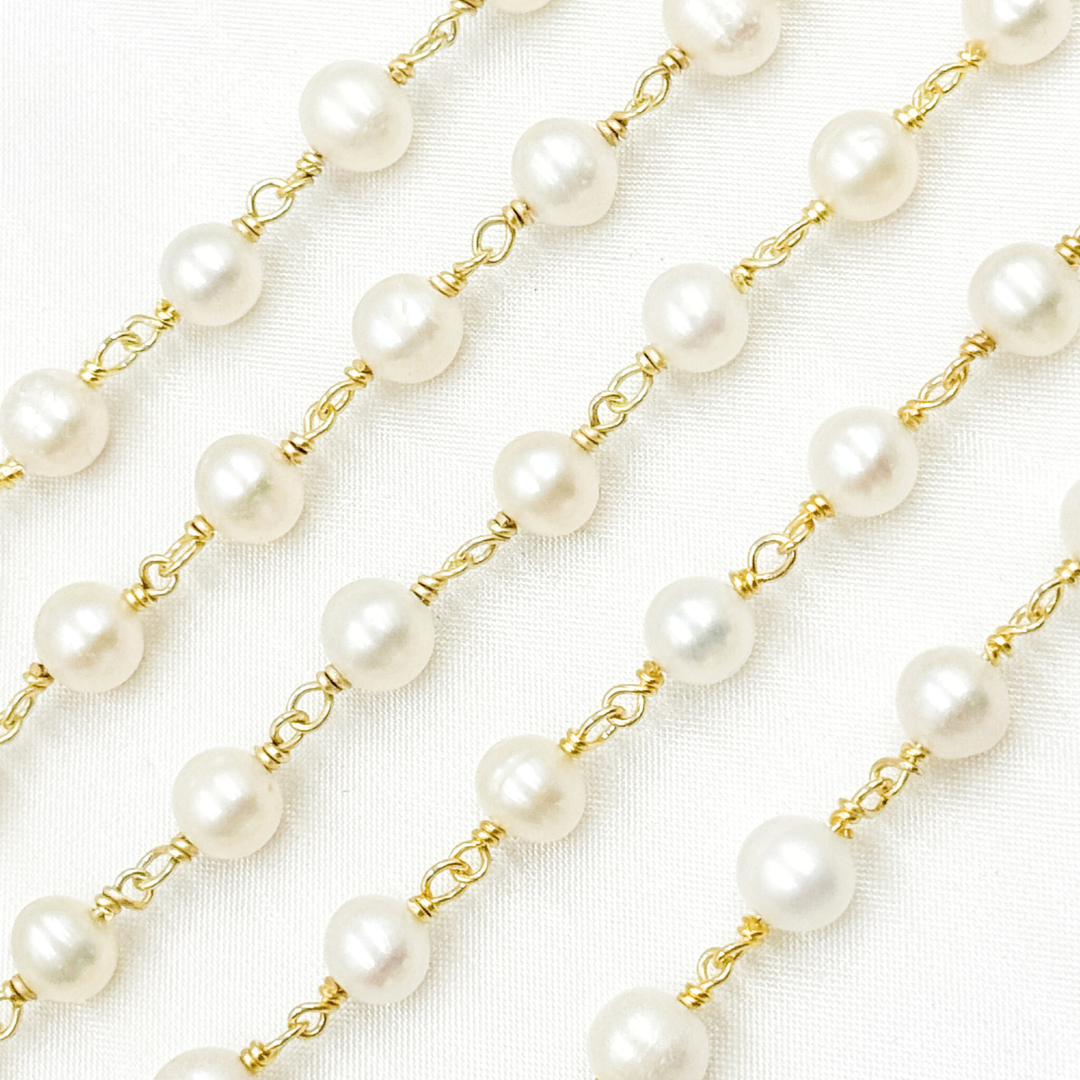 Round White Freshwater Pearl Gold Plated Wire Wrap Chain.