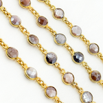Load image into Gallery viewer, Coated Chocolate Moonstone Round Shape Bezel Gold Plated Wire Chain.