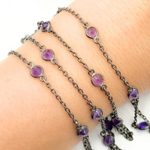 Load image into Gallery viewer, Amethyst Round Shape Bezel Oxidized Connected Wire Chain