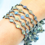 Load image into Gallery viewer, Labradorite Round Shape Bezel Oxidized 925 Sterling Silver Wire Chain.
