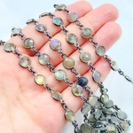 Load image into Gallery viewer, Labradorite Round Shape Bezel Oxidized 925 Sterling Silver Wire Chain.