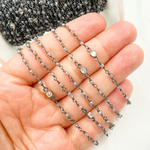 Load image into Gallery viewer, Coated Gray Moonstone & Round CZ Wire Wrap Chain made with Black Rhodium 925 Sterling Silver.