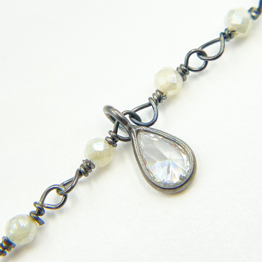Coated Green Moonstone & CZ Dangle Oxidized Wire Chain