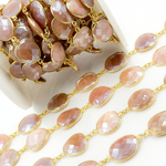 Load image into Gallery viewer, Coated Peach Moonstone Organic Shape Bezel Gold Plated Silver Wire Chain