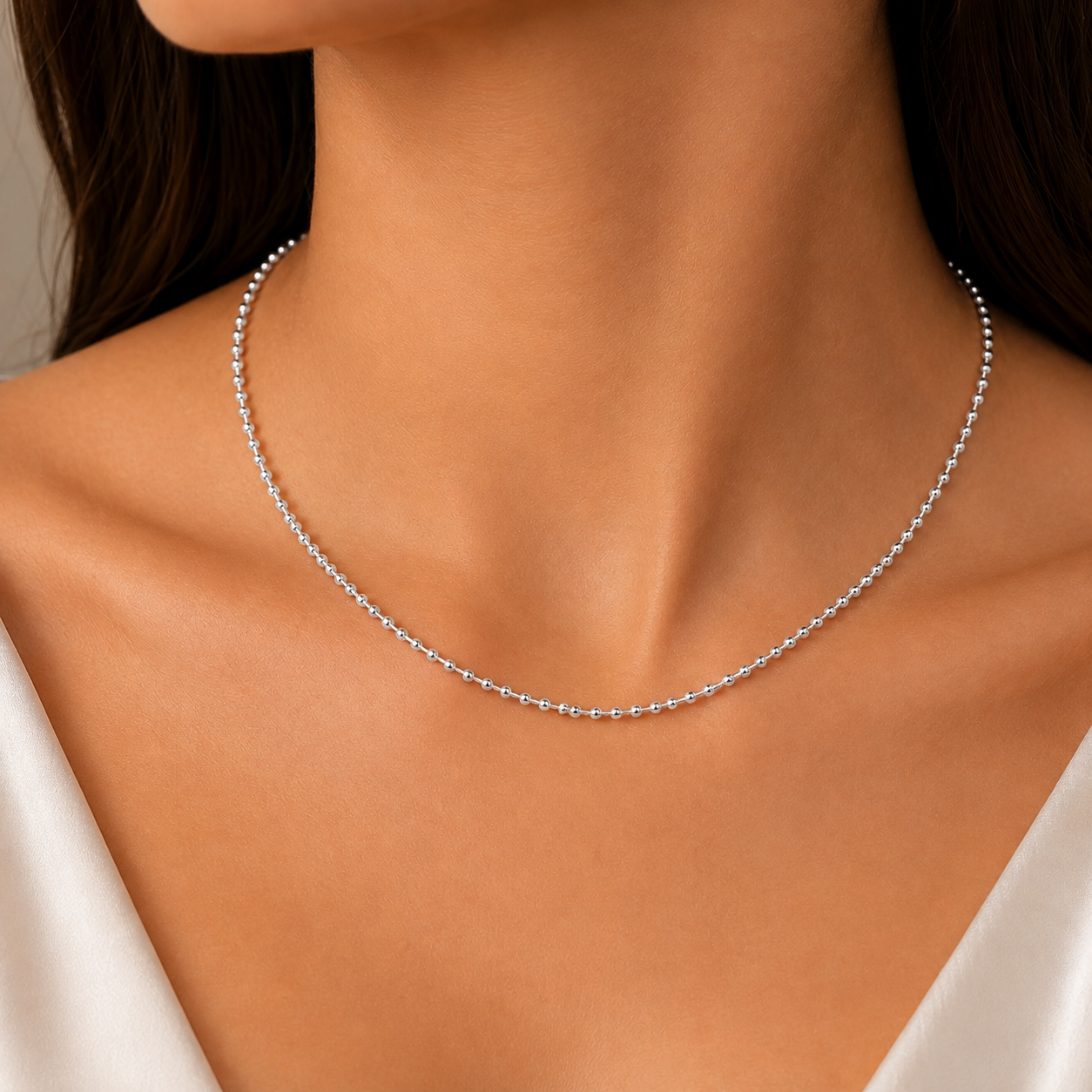 14K Solid White Gold Ball Necklace