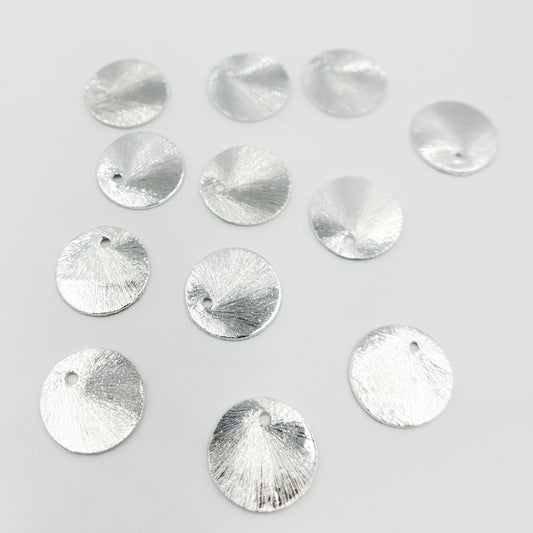 12MM White Sterling Silver Brushed Round Flat Disc Charm with a Single Hole