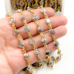 Load image into Gallery viewer, Coated Chocolate Moonstone Round Shape Bezel Gold Plated Wire Chain.
