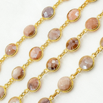 Load image into Gallery viewer, Coated Peach Moonstone Round Shape Bezel Gold Plated Wire Chain.