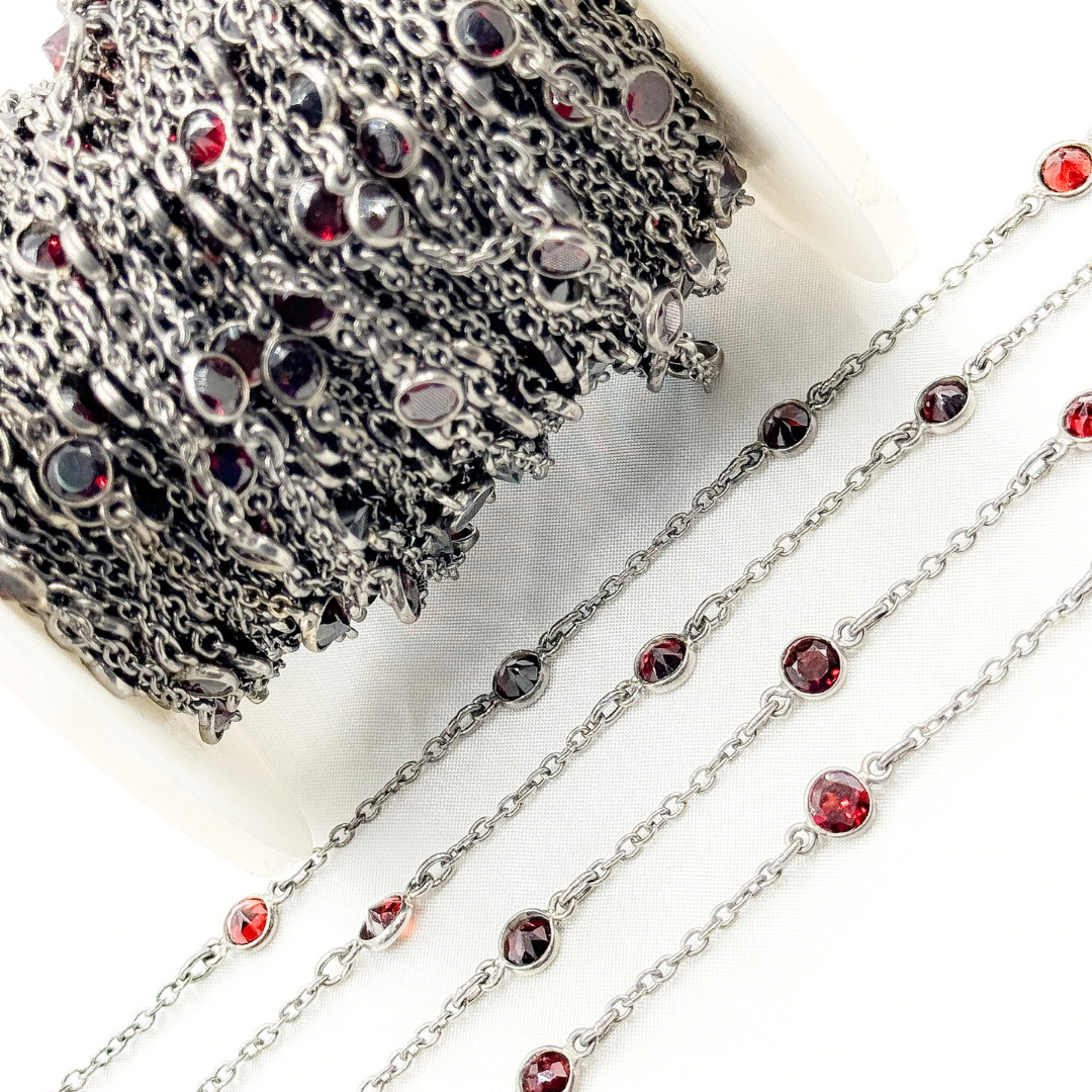 Garnet Round Shape Bezel Oxidized Wire Chain