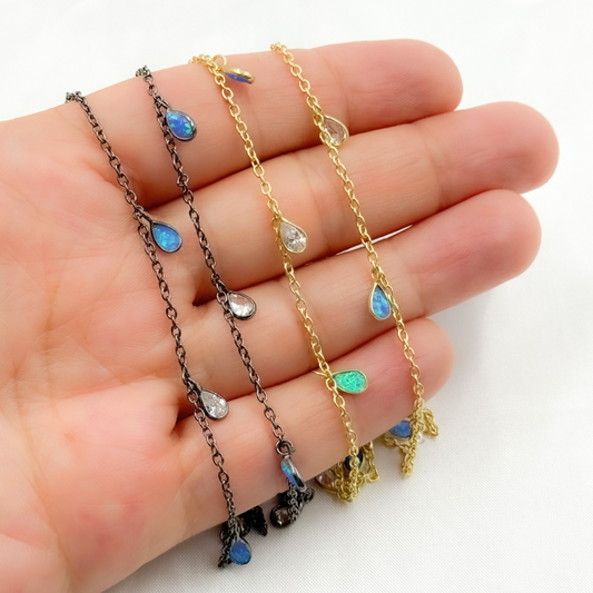 Created Blue Opal & CZ Tear Drop Shape Dangle Chain.