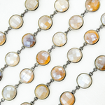 Load image into Gallery viewer, Coated Brown Moonstone Round Shape Bezel Oxidized Wire Chain.