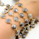 Load image into Gallery viewer, Coated Chocolate Moonstone Round Shape Bezel Gold Plated Wire Chain.