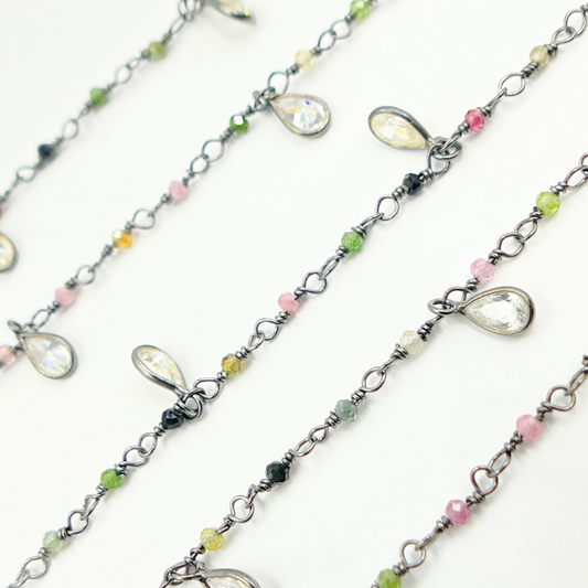 Multi Tourmaline & CZ Dangle Oxidized Wire Chain