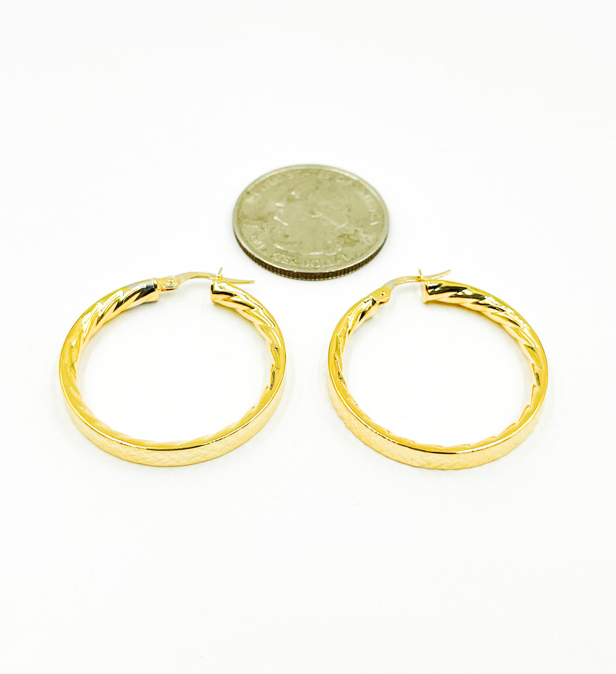 GER2. 14K Solid Gold Textured Hollow Hoops Earrings