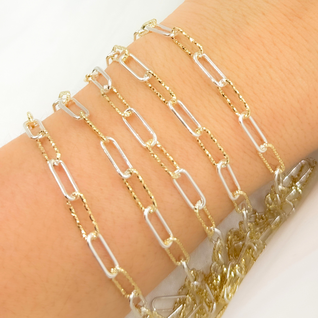 Gold Plated 925 Sterling Silver Paperclip Smooth & Diamond Cut Link Chain