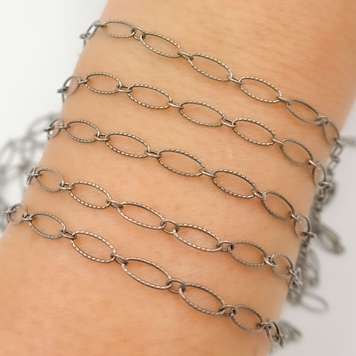Oxidized Sterling Silver Hammered Oval & Smooth Round Link Chain