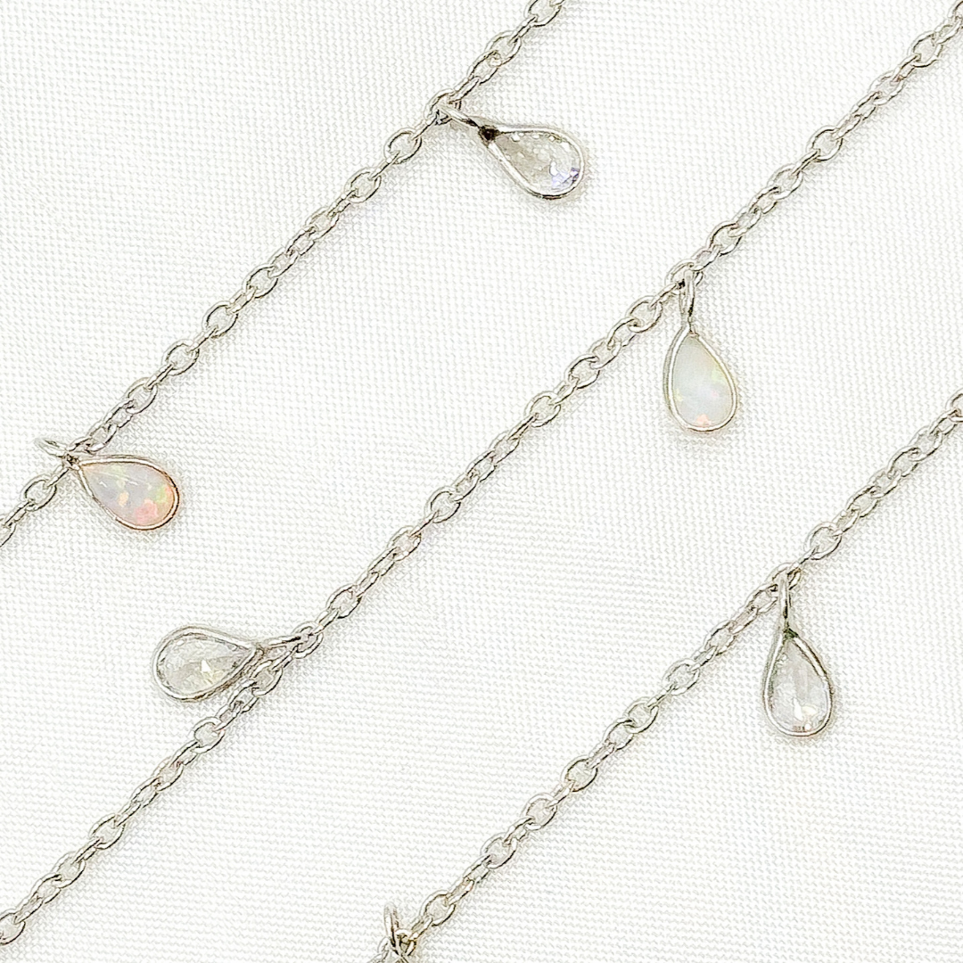 Created White Opal + CZ Pear Shape Dangle Chain