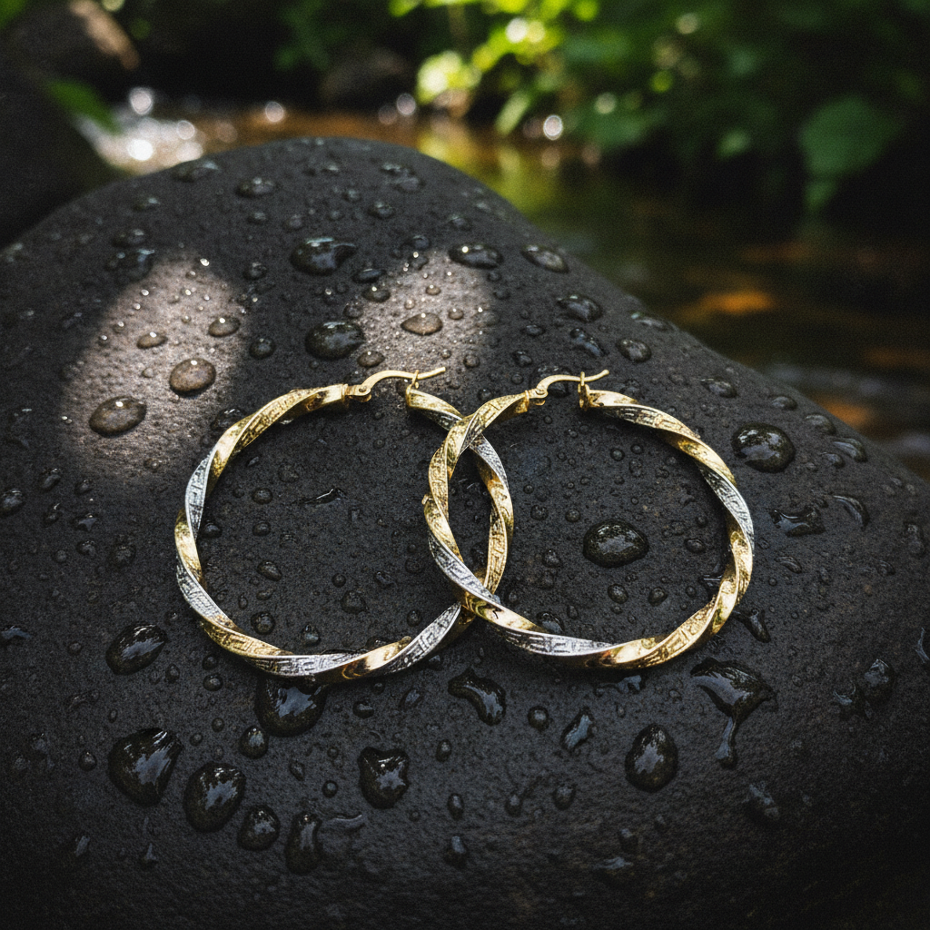 GER124. 14K Solid Gold Twisted Hollow Hoop with Engraved