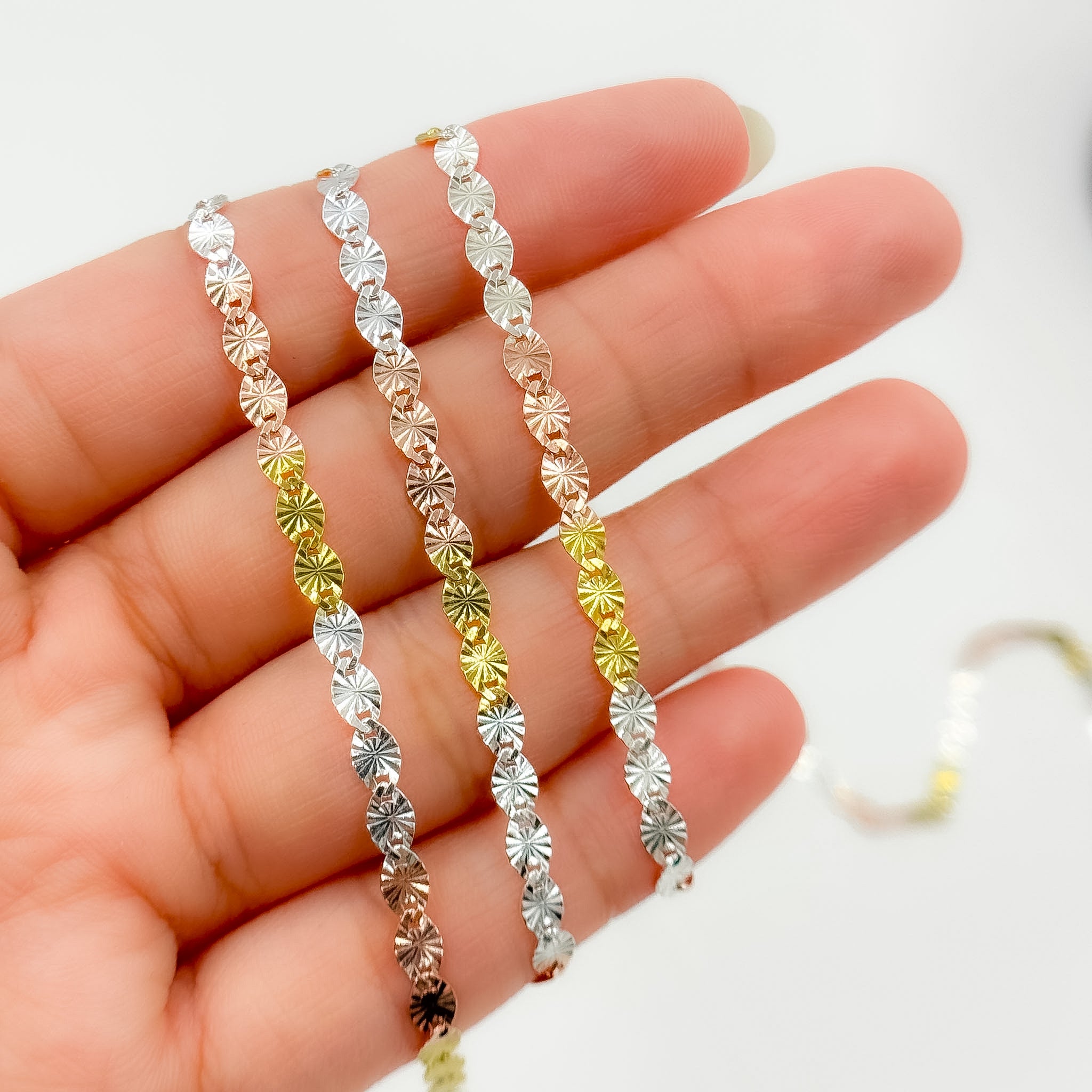 White Silver, Gold Plated, and Rose Gold Plated Silver Diamond Cut Marina Chain