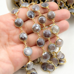 Load image into Gallery viewer, Coated Chocolate Moonstone Round Shape Bezel Gold Plated Wire Chain.