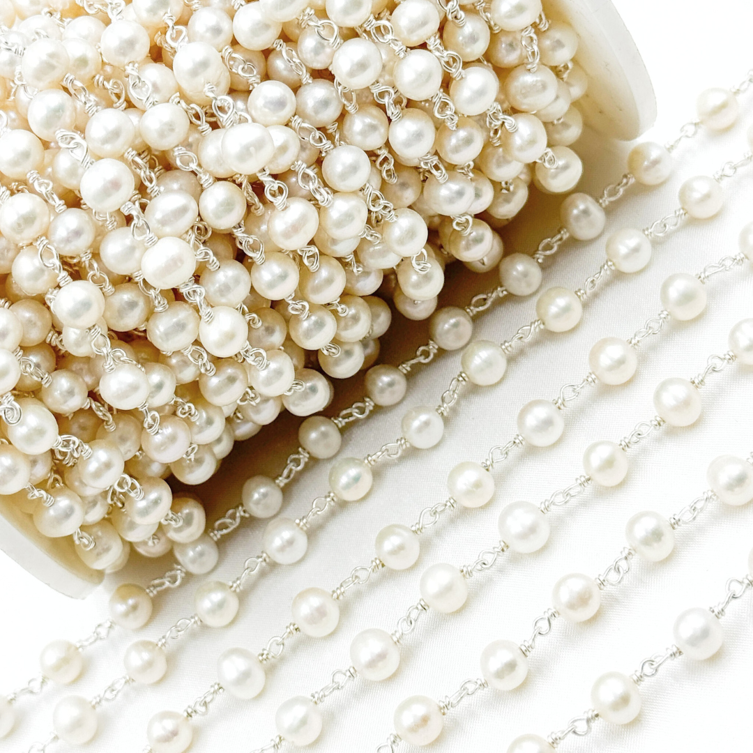 PRL57. White Pearl Round 925 Sterling Silver Wire Chain