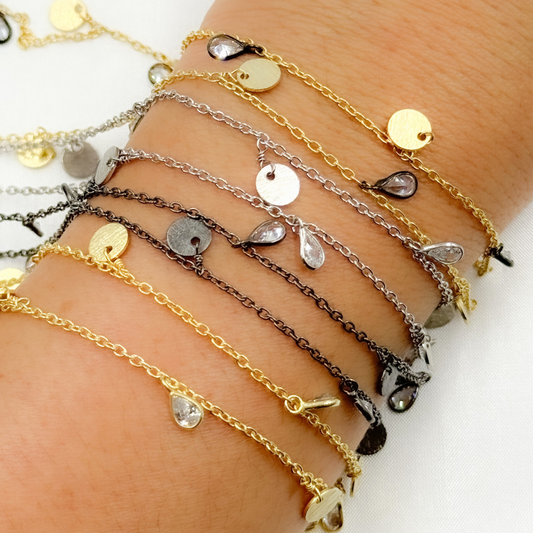 CZ Pear Shape & Disc Alternate Dangle Wire Chain