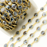 Load image into Gallery viewer, Coated Grey Moonstone Round Shape Bezel Gold Plated Wire Chain.