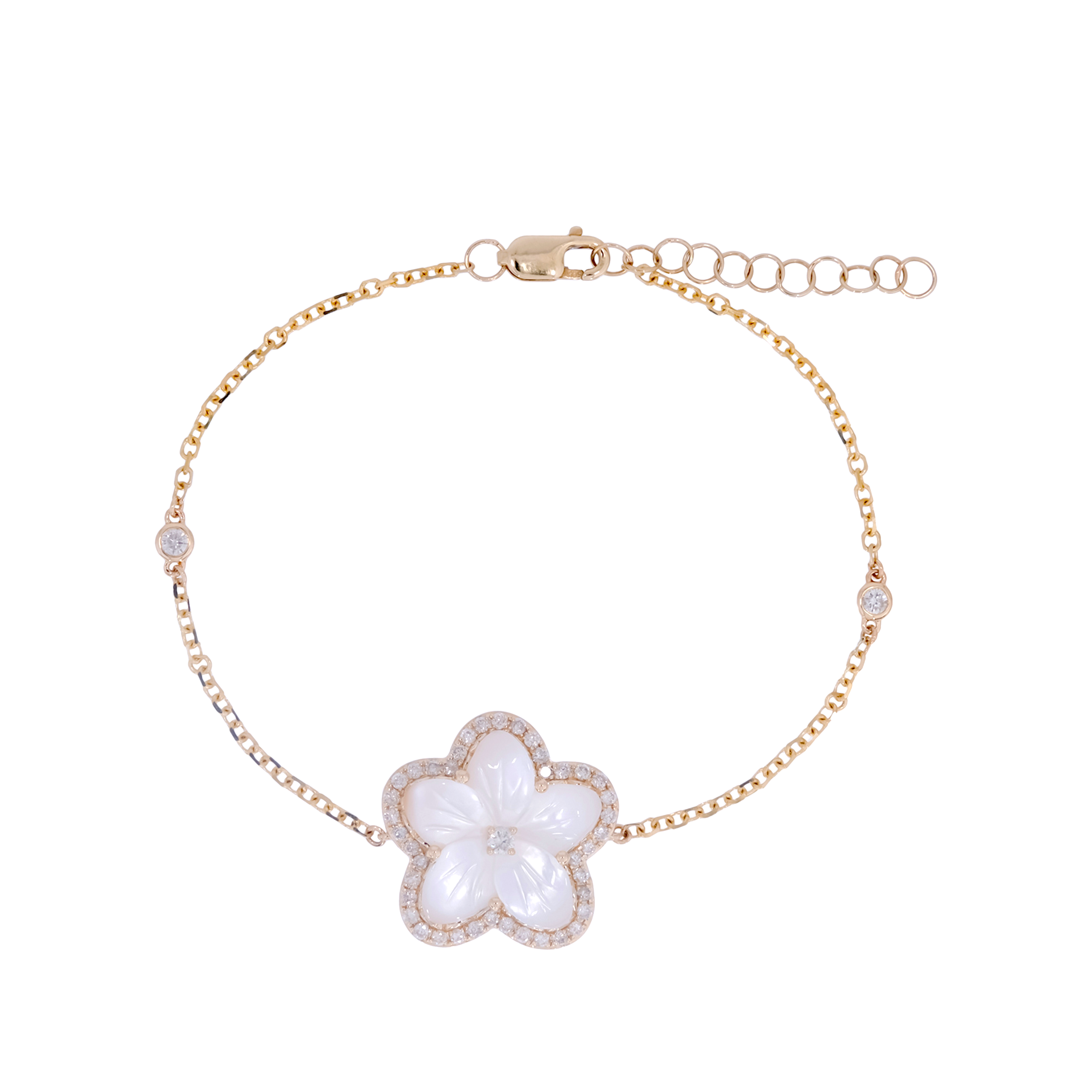 BFG60926PL. 14K Solid Gold Diamond and Mother of Pearl Flower Bracelet