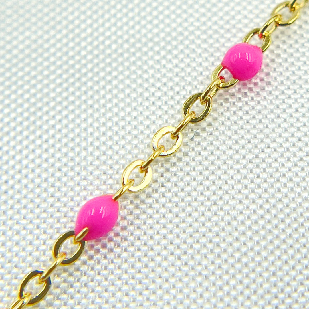 14k Solid Gold Cable Pink Enamel Chain